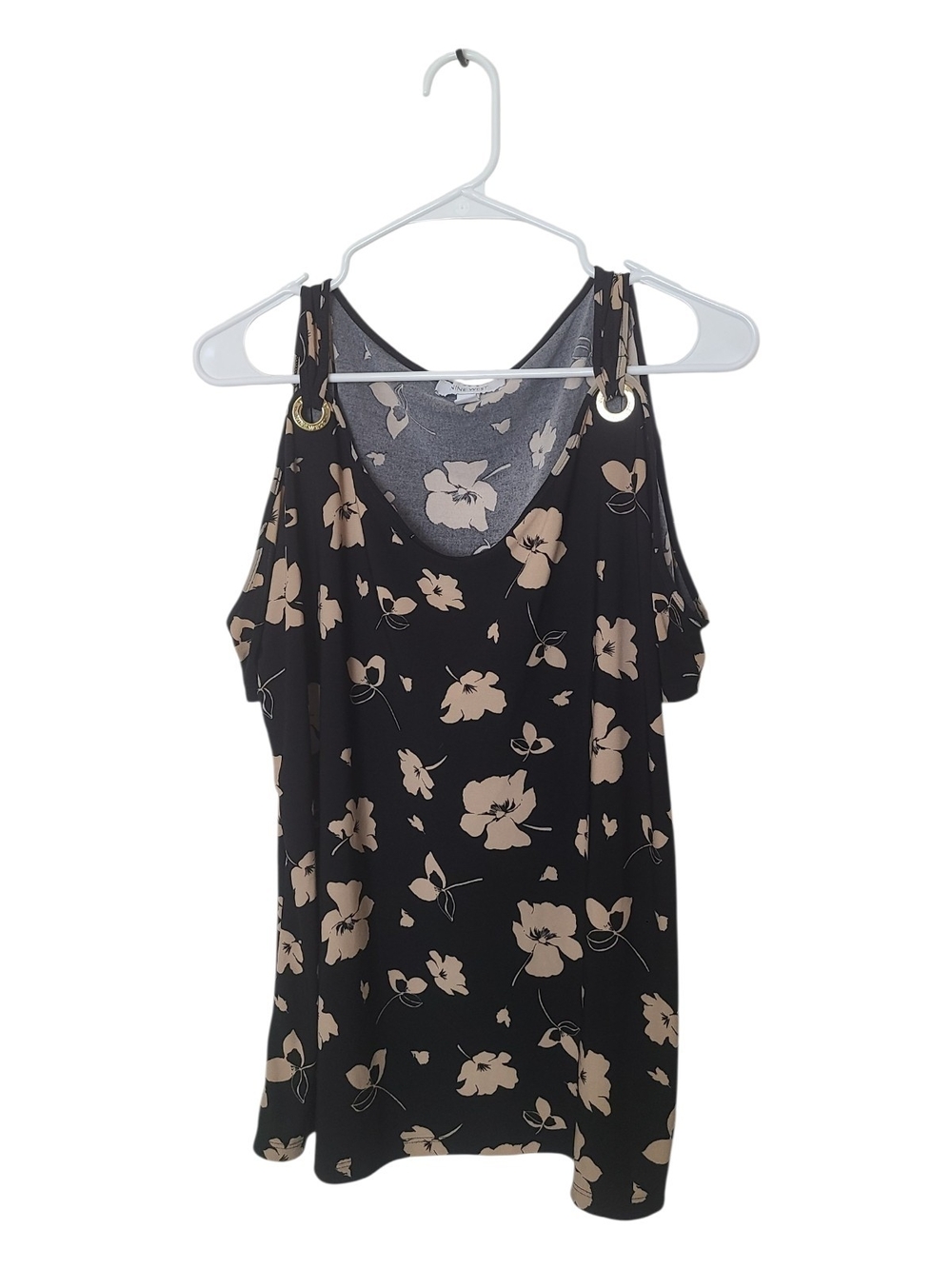 Nine West Black Floral Cold-Shoulder Camisole with Beige Print